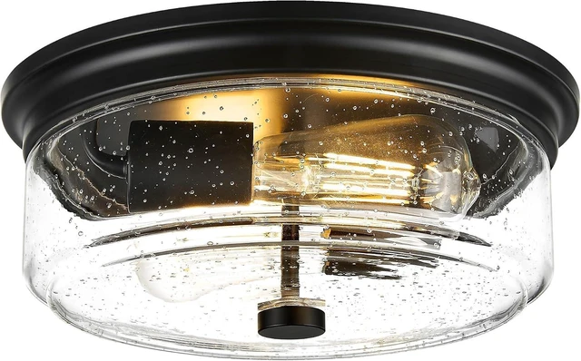 Main image of Black Flush Mount Ceiling Light, 12 Inch 2-Light Industrial Farmhouse Light Fixture with Seeded Glass Shade for Kitchen, Hallway, Entryway, Bedroom
