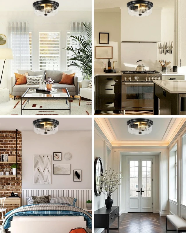 Alt view image 2 of 7 - Black Flush Mount Ceiling Light, 12 Inch 2-Light Industrial Farmhouse Light Fixture with Seeded Glass Shade for Kitchen, Hallway, Entryway, Bedroom