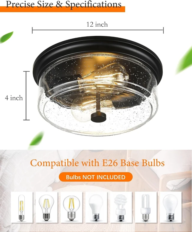 Alt view image 4 of 7 - Black Flush Mount Ceiling Light, 12 Inch 2-Light Industrial Farmhouse Light Fixture with Seeded Glass Shade for Kitchen, Hallway, Entryway, Bedroom