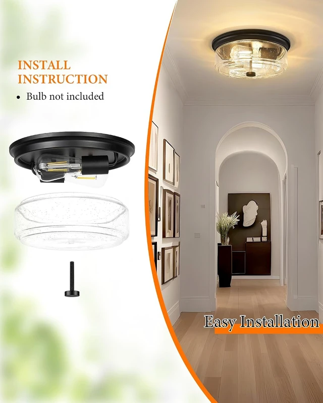 Alt view image 5 of 7 - Black Flush Mount Ceiling Light, 12 Inch 2-Light Industrial Farmhouse Light Fixture with Seeded Glass Shade for Kitchen, Hallway, Entryway, Bedroom