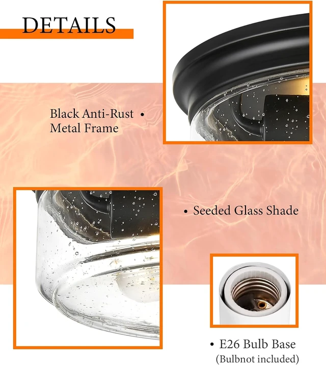 Alt view image 6 of 7 - Black Flush Mount Ceiling Light, 12 Inch 2-Light Industrial Farmhouse Light Fixture with Seeded Glass Shade for Kitchen, Hallway, Entryway, Bedroom