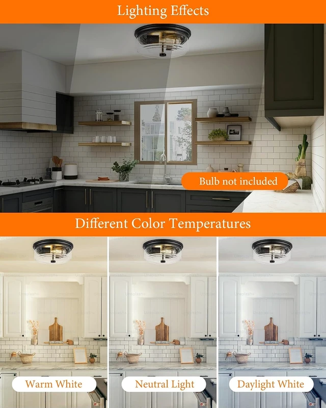 Alt view image 7 of 7 - Black Flush Mount Ceiling Light, 12 Inch 2-Light Industrial Farmhouse Light Fixture with Seeded Glass Shade for Kitchen, Hallway, Entryway, Bedroom
