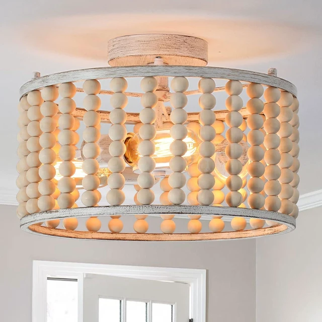 Main image of tewei Wood Beaded Boho Chandelier Light Fixture, Semi Flush Mount Ceiling Light 3-Light Rustic Nursery Close to Ceiling Lights for Bedroom Kitchen, Living Room, Oak White, E26 Base