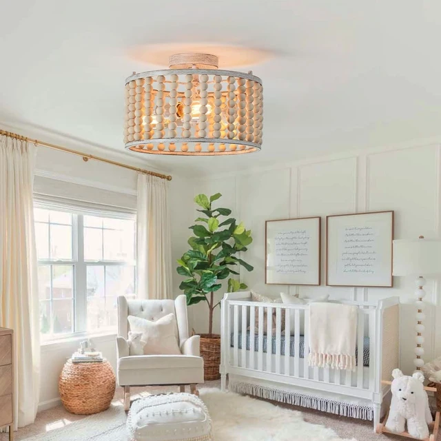 Alt view image 2 of 7 - tewei Wood Beaded Boho Chandelier Light Fixture, Semi Flush Mount Ceiling Light 3-Light Rustic Nursery Close to Ceiling Lights for Bedroom Kitchen, Living Room, Oak White, E26 Base