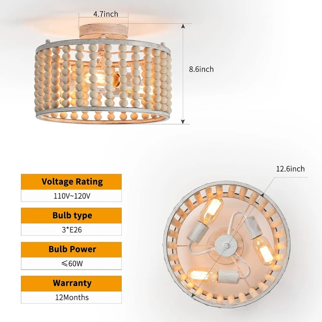 Alt view image 3 of 7 - tewei Wood Beaded Boho Chandelier Light Fixture, Semi Flush Mount Ceiling Light 3-Light Rustic Nursery Close to Ceiling Lights for Bedroom Kitchen, Living Room, Oak White, E26 Base