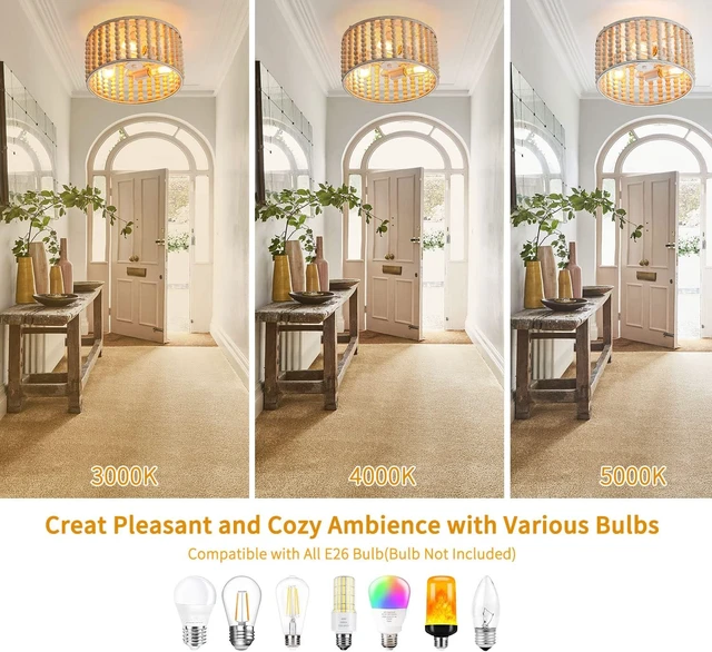 Alt view image 4 of 7 - tewei Wood Beaded Boho Chandelier Light Fixture, Semi Flush Mount Ceiling Light 3-Light Rustic Nursery Close to Ceiling Lights for Bedroom Kitchen, Living Room, Oak White, E26 Base