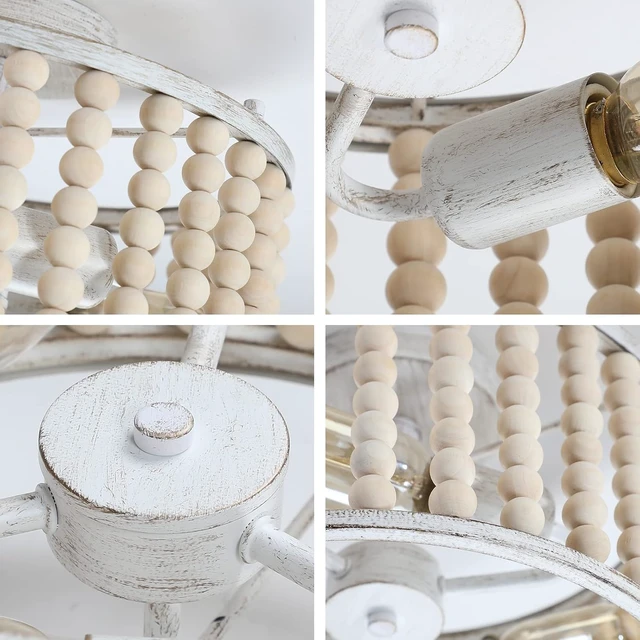 Alt view image 5 of 7 - tewei Wood Beaded Boho Chandelier Light Fixture, Semi Flush Mount Ceiling Light 3-Light Rustic Nursery Close to Ceiling Lights for Bedroom Kitchen, Living Room, Oak White, E26 Base