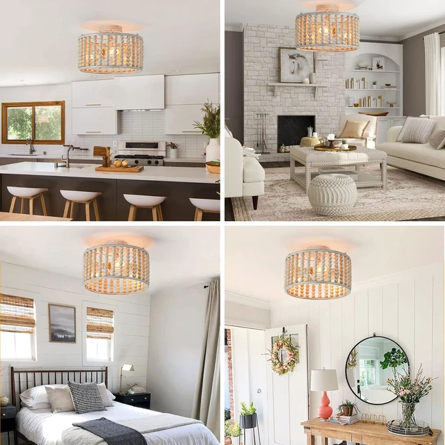 Alt view image 6 of 7 - tewei Wood Beaded Boho Chandelier Light Fixture, Semi Flush Mount Ceiling Light 3-Light Rustic Nursery Close to Ceiling Lights for Bedroom Kitchen, Living Room, Oak White, E26 Base