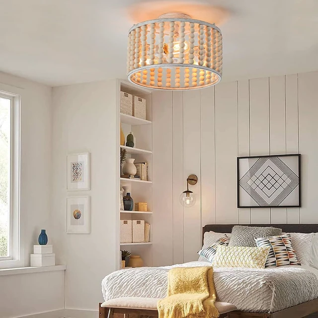 Alt view image 7 of 7 - tewei Wood Beaded Boho Chandelier Light Fixture, Semi Flush Mount Ceiling Light 3-Light Rustic Nursery Close to Ceiling Lights for Bedroom Kitchen, Living Room, Oak White, E26 Base