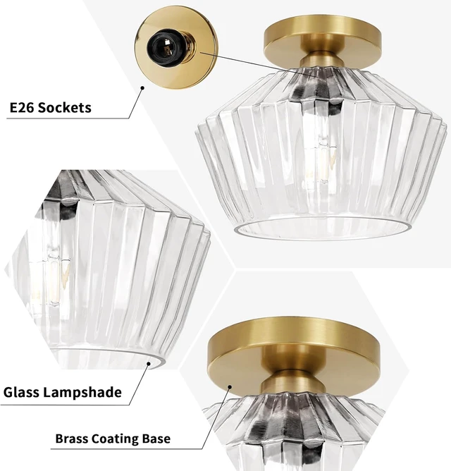 Alt view image 3 of 7 - FRIDEKO HOME Semi Flush Mount Ceiling Light - Glass Hallway Lighting Fixtures Ceiling Black Ceiling Light Fixture for Hallway Bedroom Kitchen Bathroom Entryway (Bronze Gold)
