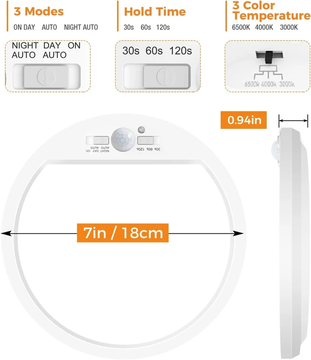 Alt view image 7 of 7 - Slochi 2Pack Motion Sensor Ceiling Light Wired, 3000K/4000K/6500K Motion Sensor Light Indoor, 15W 1500LM 7 In Closet Lights Motion Sensored with Timer, Flush Mount Light for Hallway Wall Pantry, White