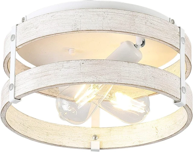 Main image of Modern Farmhouse ?Antique White Distressed Flush Mount Light Fixture 2-Light Wood Drum Semi Flush Mount Ceiling Light for Hallway Bedroom Kitchen Entryway Farmhouse