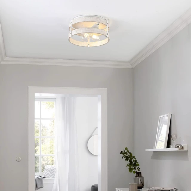 Alt view image 2 of 7 - Modern Farmhouse ?Antique White Distressed Flush Mount Light Fixture 2-Light Wood Drum Semi Flush Mount Ceiling Light for Hallway Bedroom Kitchen Entryway Farmhouse