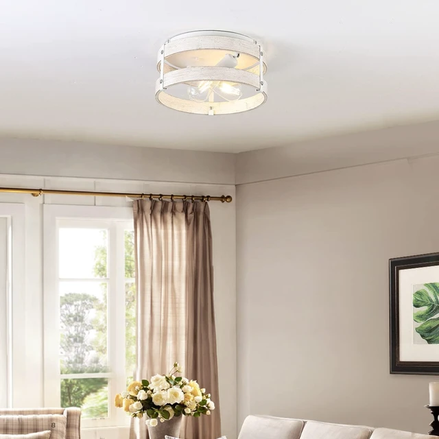 Alt view image 3 of 7 - Modern Farmhouse ?Antique White Distressed Flush Mount Light Fixture 2-Light Wood Drum Semi Flush Mount Ceiling Light for Hallway Bedroom Kitchen Entryway Farmhouse