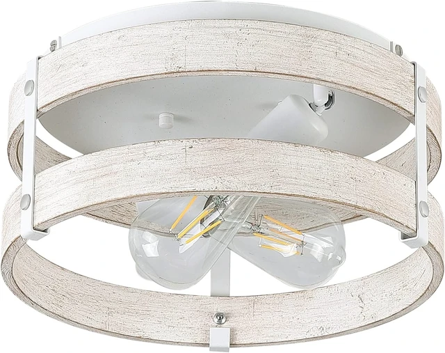 Alt view image 7 of 7 - Modern Farmhouse ?Antique White Distressed Flush Mount Light Fixture 2-Light Wood Drum Semi Flush Mount Ceiling Light for Hallway Bedroom Kitchen Entryway Farmhouse