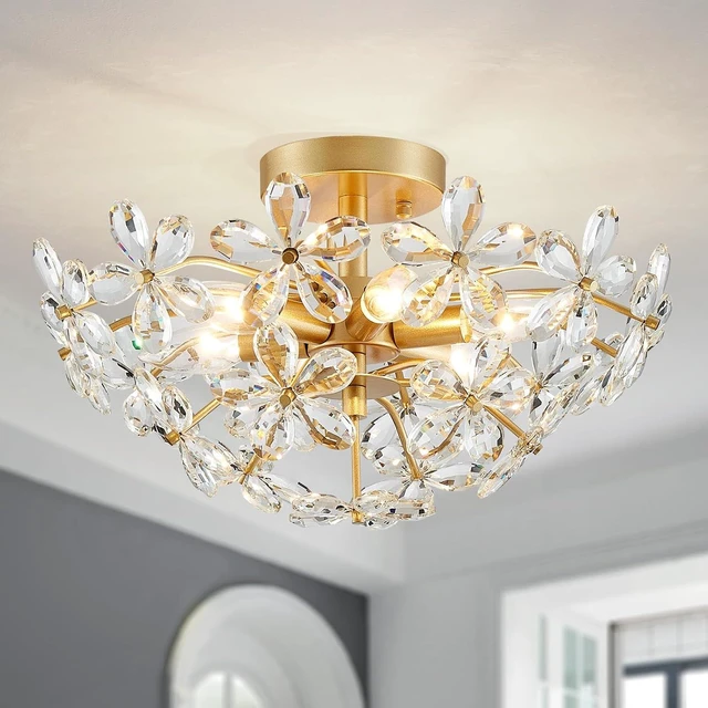 Main image of WUZUPS Crystal Chandelier Flushmount Ceiling Light Modern Lighting Fixture for Bedroom Hallway Bar Kitchen Bathroom, H 8.9" x W 17.7", Gold, E12 Base