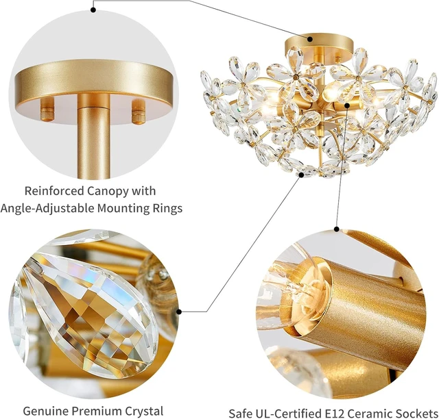 Alt view image 3 of 7 - WUZUPS Crystal Chandelier Flushmount Ceiling Light Modern Lighting Fixture for Bedroom Hallway Bar Kitchen Bathroom, H 8.9" x W 17.7", Gold, E12 Base