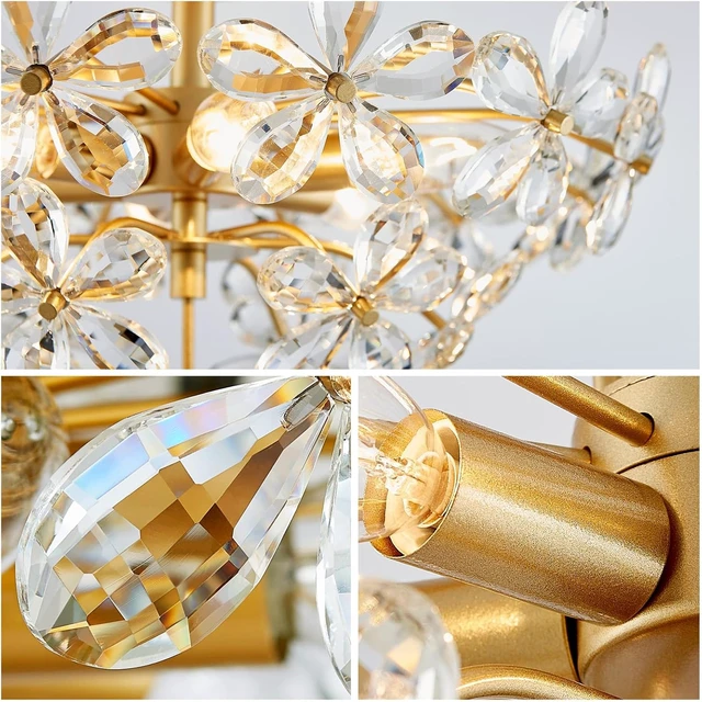 Alt view image 5 of 7 - WUZUPS Crystal Chandelier Flushmount Ceiling Light Modern Lighting Fixture for Bedroom Hallway Bar Kitchen Bathroom, H 8.9" x W 17.7", Gold, E12 Base