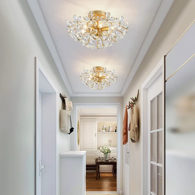 Alt view image 6 of 7 - WUZUPS Crystal Chandelier Flushmount Ceiling Light Modern Lighting Fixture for Bedroom Hallway Bar Kitchen Bathroom, H 8.9" x W 17.7", Gold, E12 Base