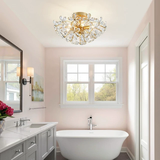 Alt view image 7 of 7 - WUZUPS Crystal Chandelier Flushmount Ceiling Light Modern Lighting Fixture for Bedroom Hallway Bar Kitchen Bathroom, H 8.9" x W 17.7", Gold, E12 Base