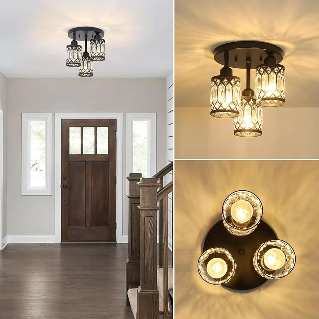Alt view image 3 of 7 - PAUFUL Semi Flush Mount Ceiling Light,3-Light Modern Crystal Close to Ceiling Light Fixtures, Black Kitchen Light Fixtures with Clear Crystal Shade,Hallway Light Fixtures for Hallway Bedroom Bathroom