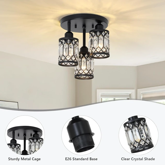 Alt view image 4 of 7 - PAUFUL Semi Flush Mount Ceiling Light,3-Light Modern Crystal Close to Ceiling Light Fixtures, Black Kitchen Light Fixtures with Clear Crystal Shade,Hallway Light Fixtures for Hallway Bedroom Bathroom