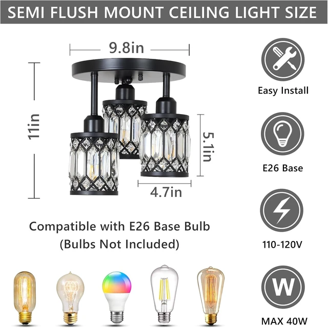 Alt view image 5 of 7 - PAUFUL Semi Flush Mount Ceiling Light,3-Light Modern Crystal Close to Ceiling Light Fixtures, Black Kitchen Light Fixtures with Clear Crystal Shade,Hallway Light Fixtures for Hallway Bedroom Bathroom