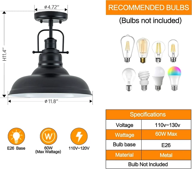 Alt view image 3 of 7 - Zlepmlla Famrhouse Ceiling Light, Semi Flush Mount Light Fixture with Metal Dome Shade, Balck Ceiling Light for Hallway, Entryway,Kitchen