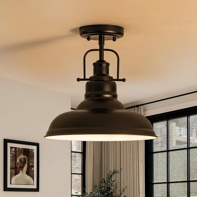Alt view image 2 of 7 - Zlepmlla Famrhouse Ceiling Light, Semi Flush Mount Light Fixture with Metal Dome Shade, Balck Ceiling Light for Hallway, Entryway,Kitchen