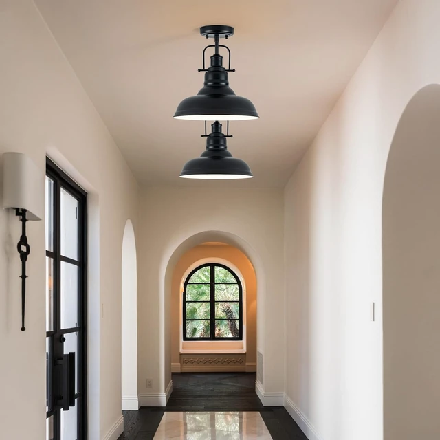 Alt view image 5 of 7 - Zlepmlla Famrhouse Ceiling Light, Semi Flush Mount Light Fixture with Metal Dome Shade, Balck Ceiling Light for Hallway, Entryway,Kitchen