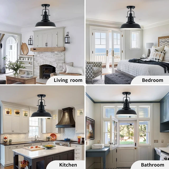 Alt view image 7 of 7 - Zlepmlla Famrhouse Ceiling Light, Semi Flush Mount Light Fixture with Metal Dome Shade, Balck Ceiling Light for Hallway, Entryway,Kitchen