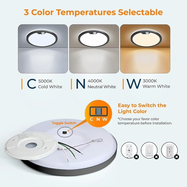 Alt view image 2 of 7 - BLNAN Motion Sensor Ceiling Light Wired, 12 Inch 3000K 4000K 5000K Selectable LED Flush Mount Light Fixture, Motion Activated Light with Timer for Hallway Stair Walk-in Closet, Black Frame