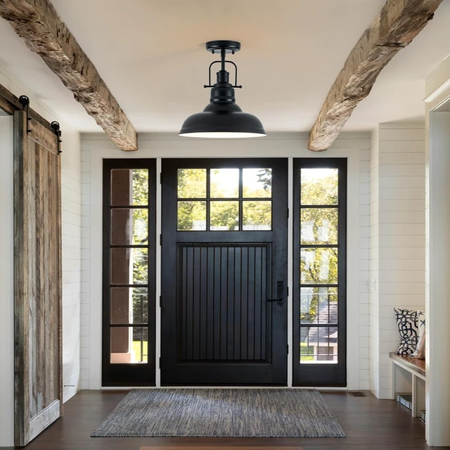 Alt view image 6 of 7 - Zlepmlla Famrhouse Ceiling Light, Semi Flush Mount Light Fixture with Metal Dome Shade, Balck Ceiling Light for Hallway, Entryway,Kitchen