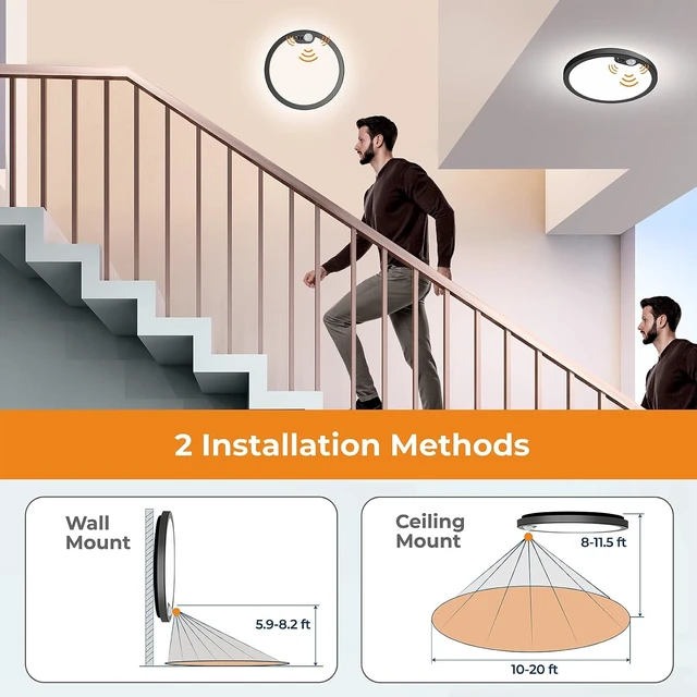 Alt view image 6 of 7 - BLNAN Motion Sensor Ceiling Light Wired, 12 Inch 3000K 4000K 5000K Selectable LED Flush Mount Light Fixture, Motion Activated Light with Timer for Hallway Stair Walk-in Closet, Black Frame