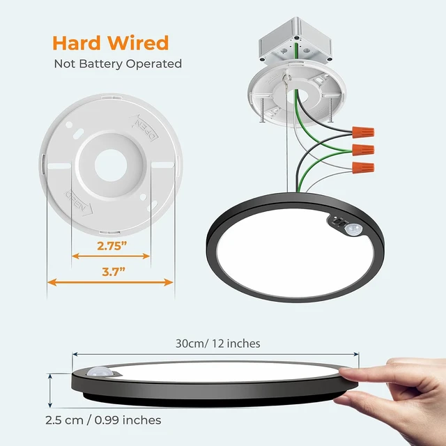 Alt view image 7 of 7 - BLNAN Motion Sensor Ceiling Light Wired, 12 Inch 3000K 4000K 5000K Selectable LED Flush Mount Light Fixture, Motion Activated Light with Timer for Hallway Stair Walk-in Closet, Black Frame