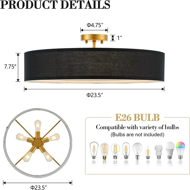 Alt view image 2 of 7 - VILUXY Black and Gold Semi Flush Mount Ceiling Light Fixture, 24 Large Modern Ceiling Light with Linen Fabric Shade 5-Light Drum Ceiling Lamp for Bedroom Living Dining Room Enteyway