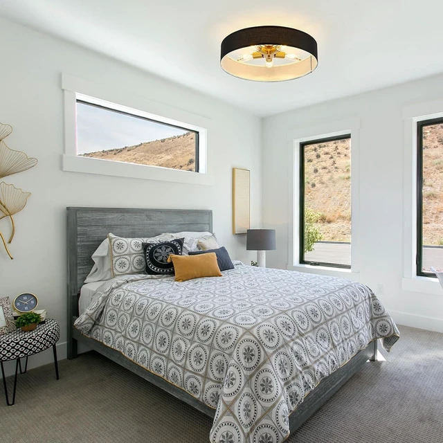 Alt view image 3 of 7 - VILUXY Black and Gold Semi Flush Mount Ceiling Light Fixture, 24 Large Modern Ceiling Light with Linen Fabric Shade 5-Light Drum Ceiling Lamp for Bedroom Living Dining Room Enteyway
