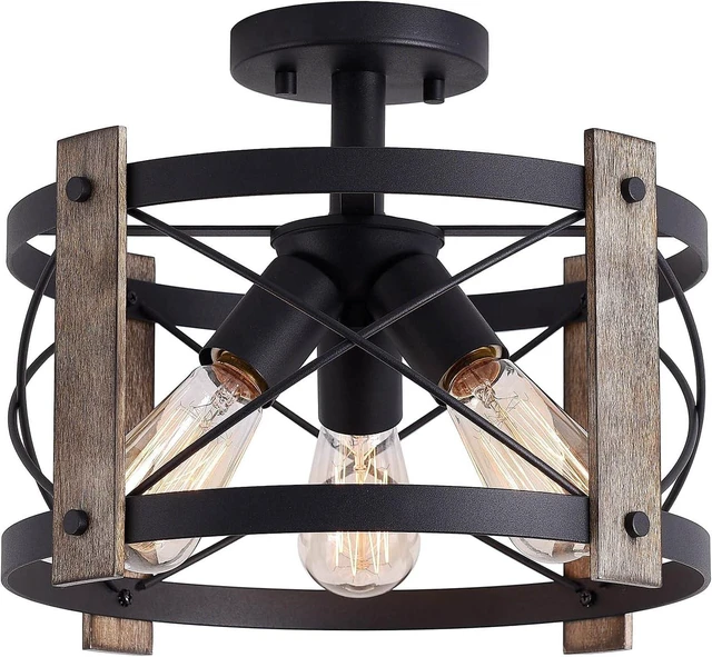 Main image of Bargeni Farmhouse Light Fixtures, Black and Wood Ceiling Light Fixture