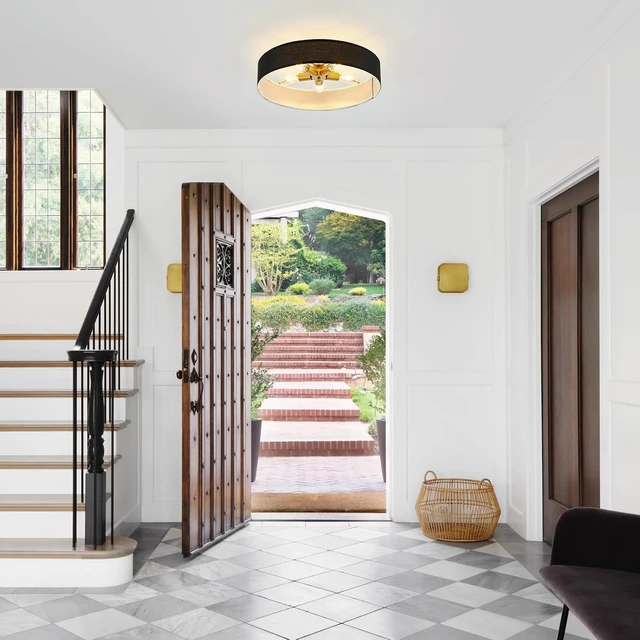 Alt view image 6 of 7 - VILUXY Black and Gold Semi Flush Mount Ceiling Light Fixture, 24 Large Modern Ceiling Light with Linen Fabric Shade 5-Light Drum Ceiling Lamp for Bedroom Living Dining Room Enteyway