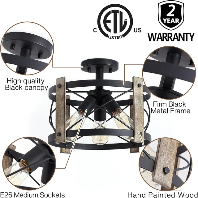 Alt view image 4 of 7 - Bargeni Farmhouse Light Fixtures, Black and Wood Ceiling Light Fixture