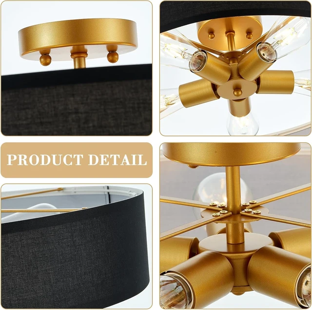 Alt view image 7 of 7 - VILUXY Black and Gold Semi Flush Mount Ceiling Light Fixture, 24 Large Modern Ceiling Light with Linen Fabric Shade 5-Light Drum Ceiling Lamp for Bedroom Living Dining Room Enteyway