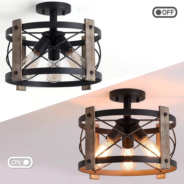Alt view image 2 of 7 - Bargeni Farmhouse Light Fixtures, Black and Wood Ceiling Light Fixture