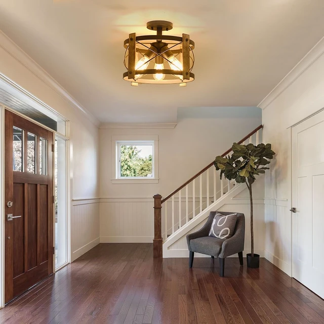Alt view image 6 of 7 - Bargeni Farmhouse Light Fixtures, Black and Wood Ceiling Light Fixture