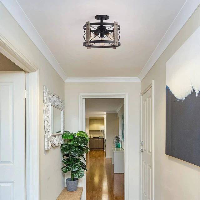 Alt view image 7 of 7 - Bargeni Farmhouse Light Fixtures, Black and Wood Ceiling Light Fixture
