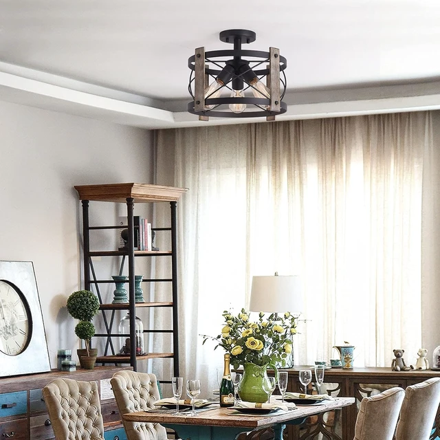Alt view image 5 of 7 - Bargeni Farmhouse Light Fixtures, Black and Wood Ceiling Light Fixture