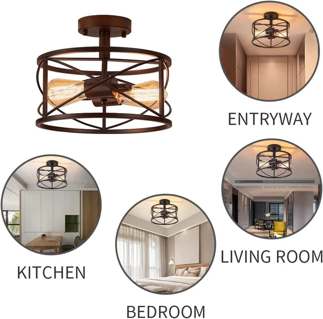 Alt view image 4 of 7 - 2-Light Semi Flush Mount Black Ceiling Light Fixture, Farmhouse Industrial Metal Cage with Adjustable Height, Dimmable for Hallway Entryway Kitchen Bedroom Foyer Laundry Low Ceiling