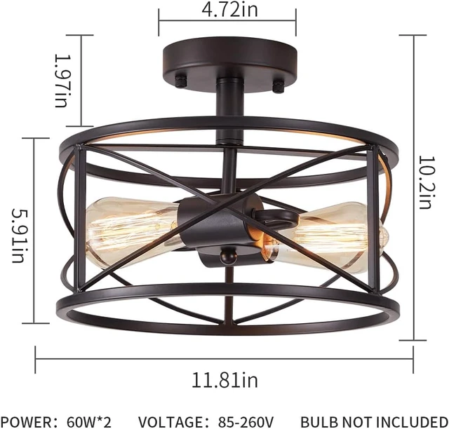 Alt view image 2 of 7 - 2-Light Semi Flush Mount Black Ceiling Light Fixture, Farmhouse Industrial Metal Cage with Adjustable Height, Dimmable for Hallway Entryway Kitchen Bedroom Foyer Laundry Low Ceiling