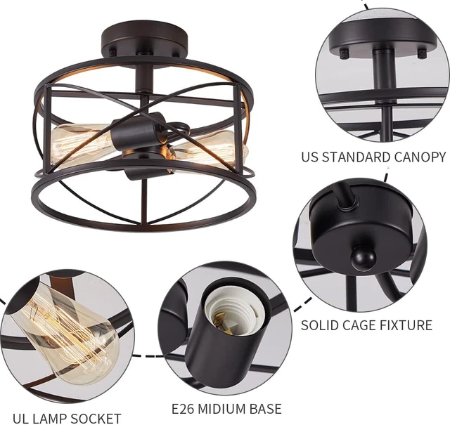 Alt view image 3 of 7 - 2-Light Semi Flush Mount Black Ceiling Light Fixture, Farmhouse Industrial Metal Cage with Adjustable Height, Dimmable for Hallway Entryway Kitchen Bedroom Foyer Laundry Low Ceiling