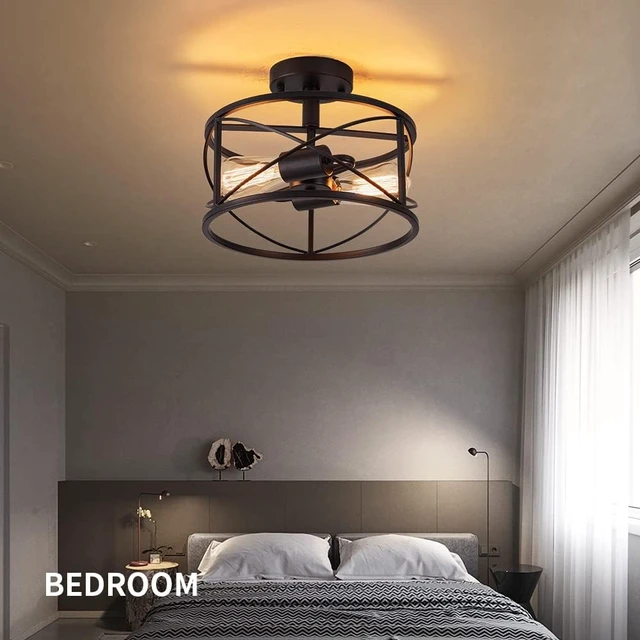 Alt view image 5 of 7 - 2-Light Semi Flush Mount Black Ceiling Light Fixture, Farmhouse Industrial Metal Cage with Adjustable Height, Dimmable for Hallway Entryway Kitchen Bedroom Foyer Laundry Low Ceiling