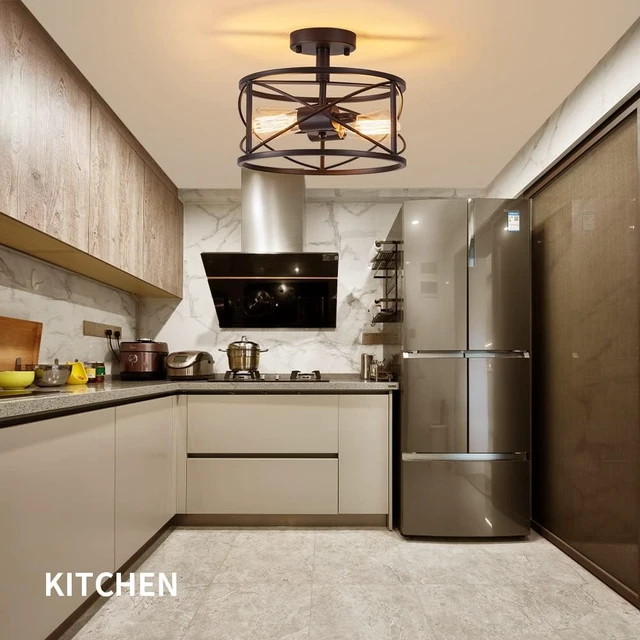 Alt view image 6 of 7 - 2-Light Semi Flush Mount Black Ceiling Light Fixture, Farmhouse Industrial Metal Cage with Adjustable Height, Dimmable for Hallway Entryway Kitchen Bedroom Foyer Laundry Low Ceiling